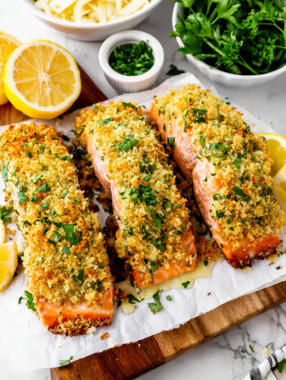 A plate of cooked salmon with a side of lemon wedges.