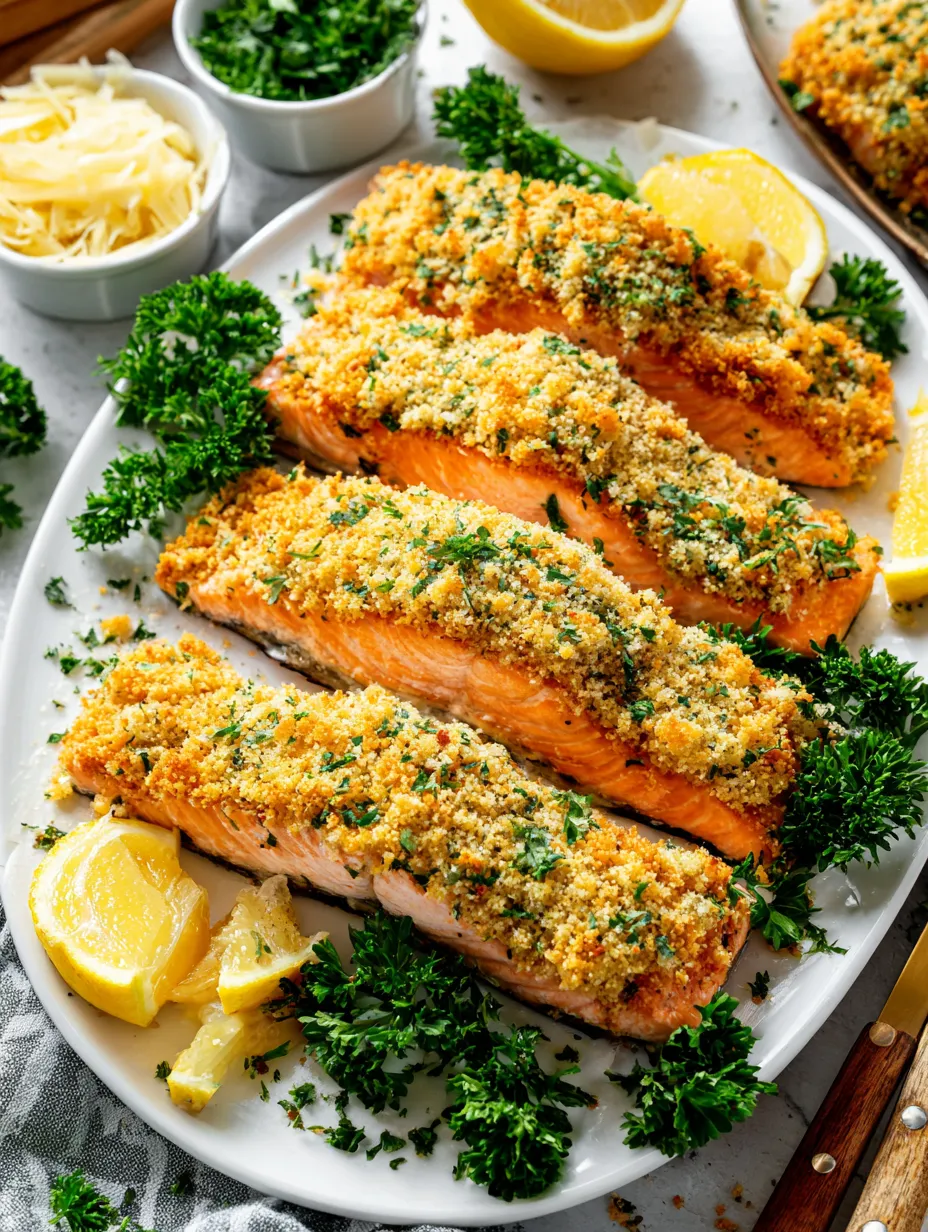 A plate of cooked salmon with a lemon wedge on top.