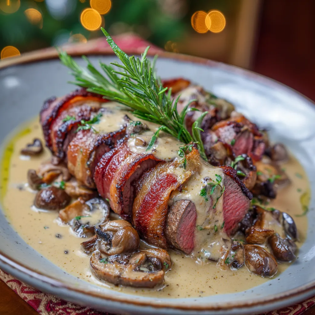 A plate of food with a bacon-wrapped venison backstrap and mushroom cream sauce.