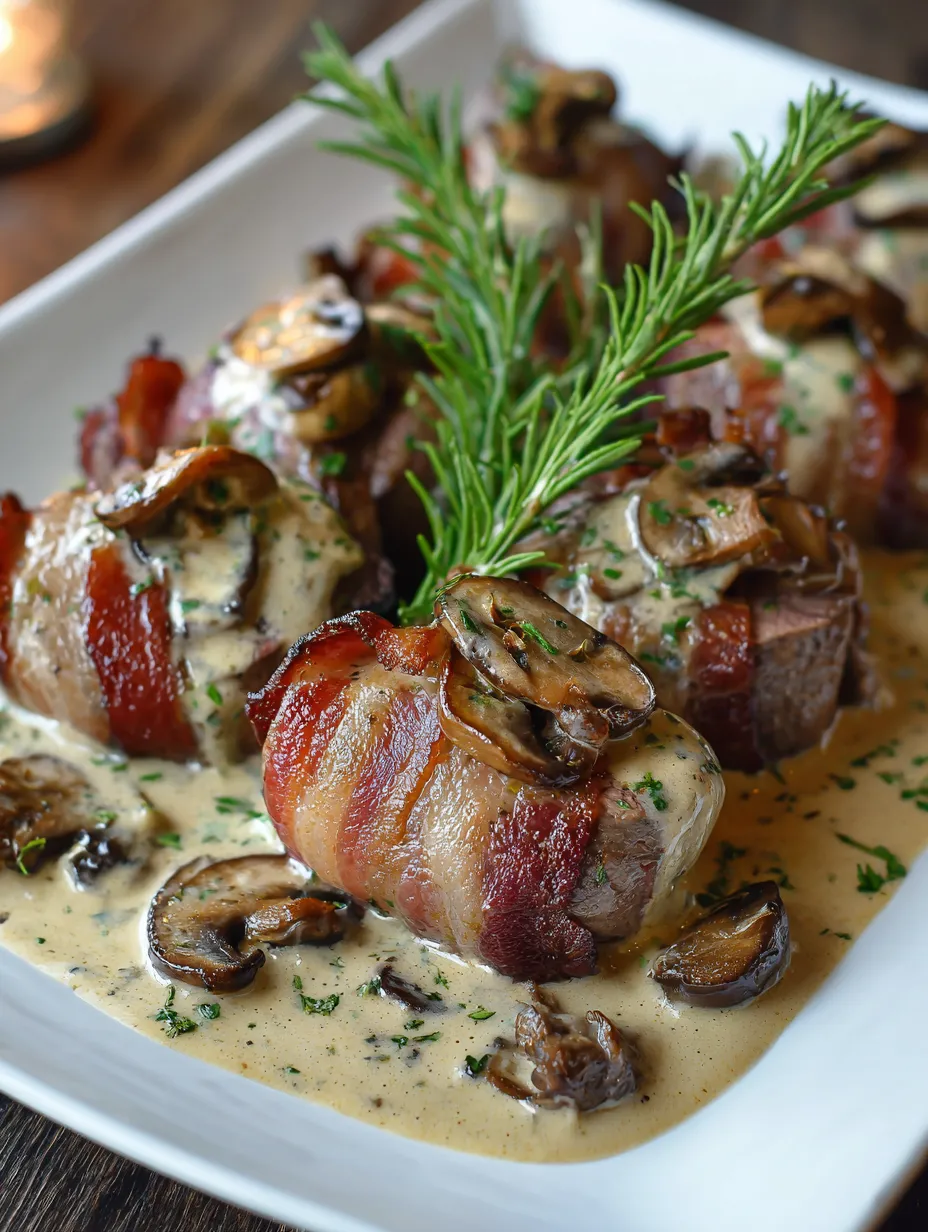 Bacon-wrapped venison backstrap with mushroom cream sauce.