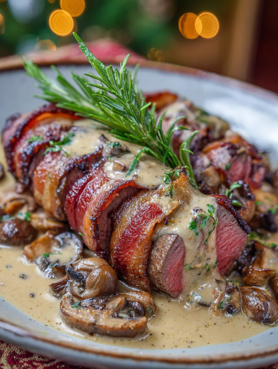 A delicious meal of bacon-wrapped venison backstrap with mushroom cream sauce.