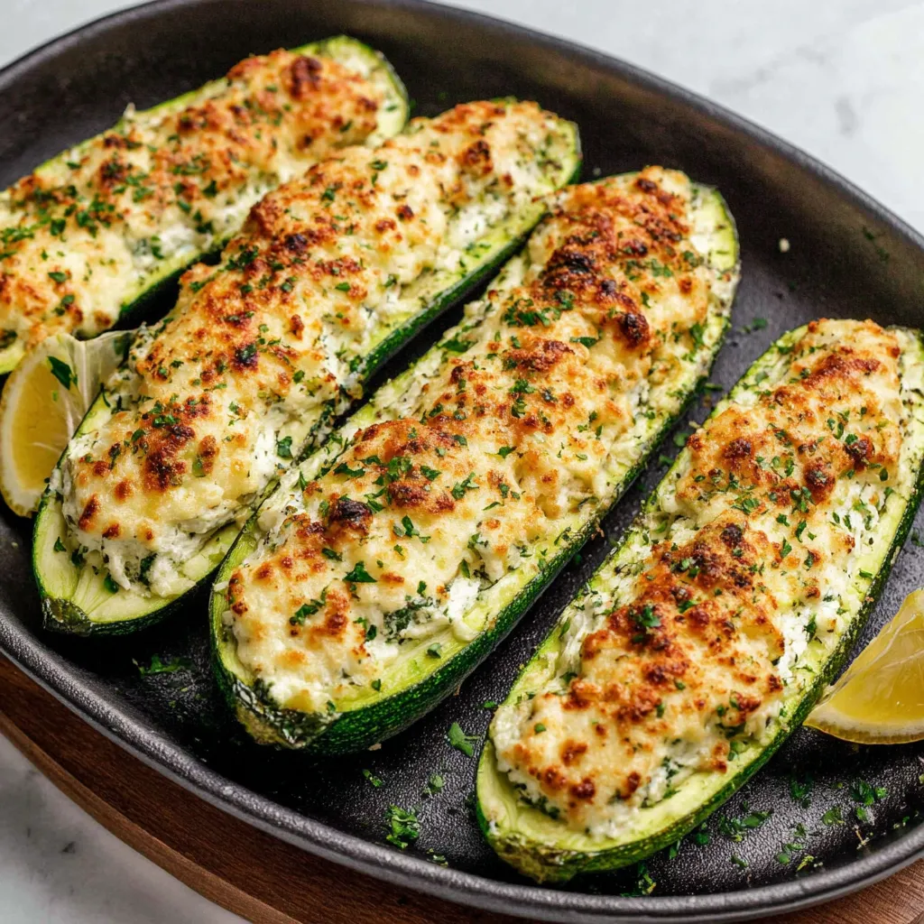 A pan of feta cheese stuffed zucchini.