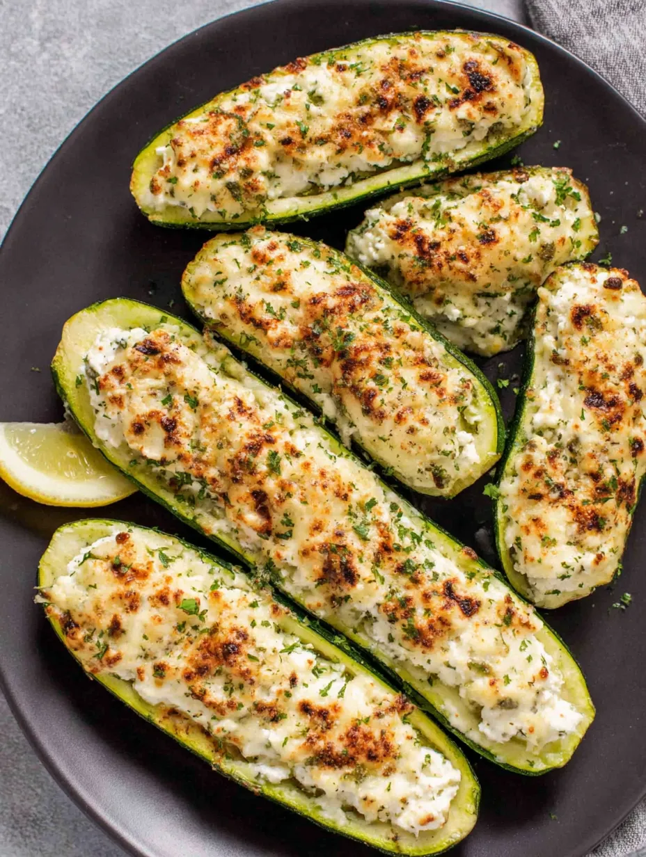 A plate of feta cheese stuffed zucchini.