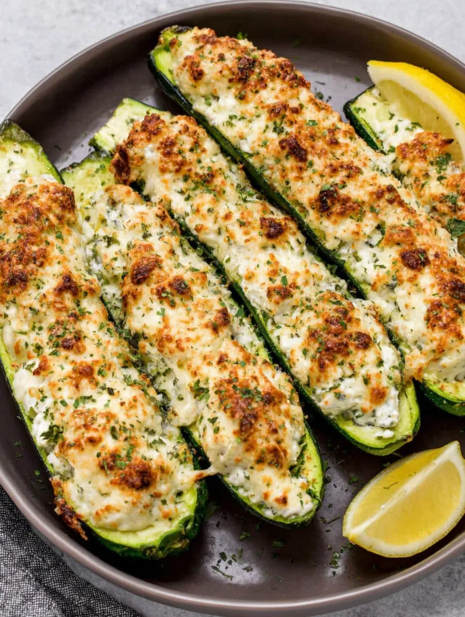 A plate of feta cheese stuffed zucchini.