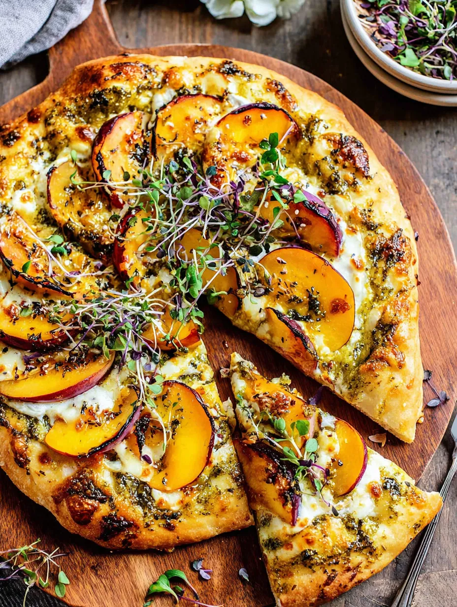 A slice of pizza with peaches and spinach on top.
