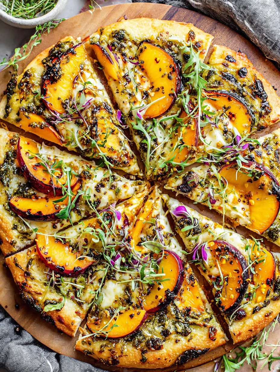 A pizza with peaches and brie cheese.