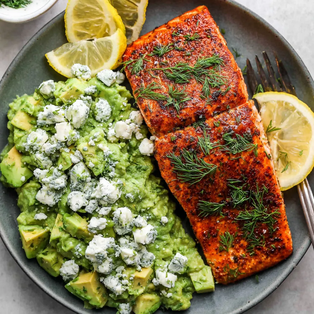 A plate of baked salmon with avocado and feta.