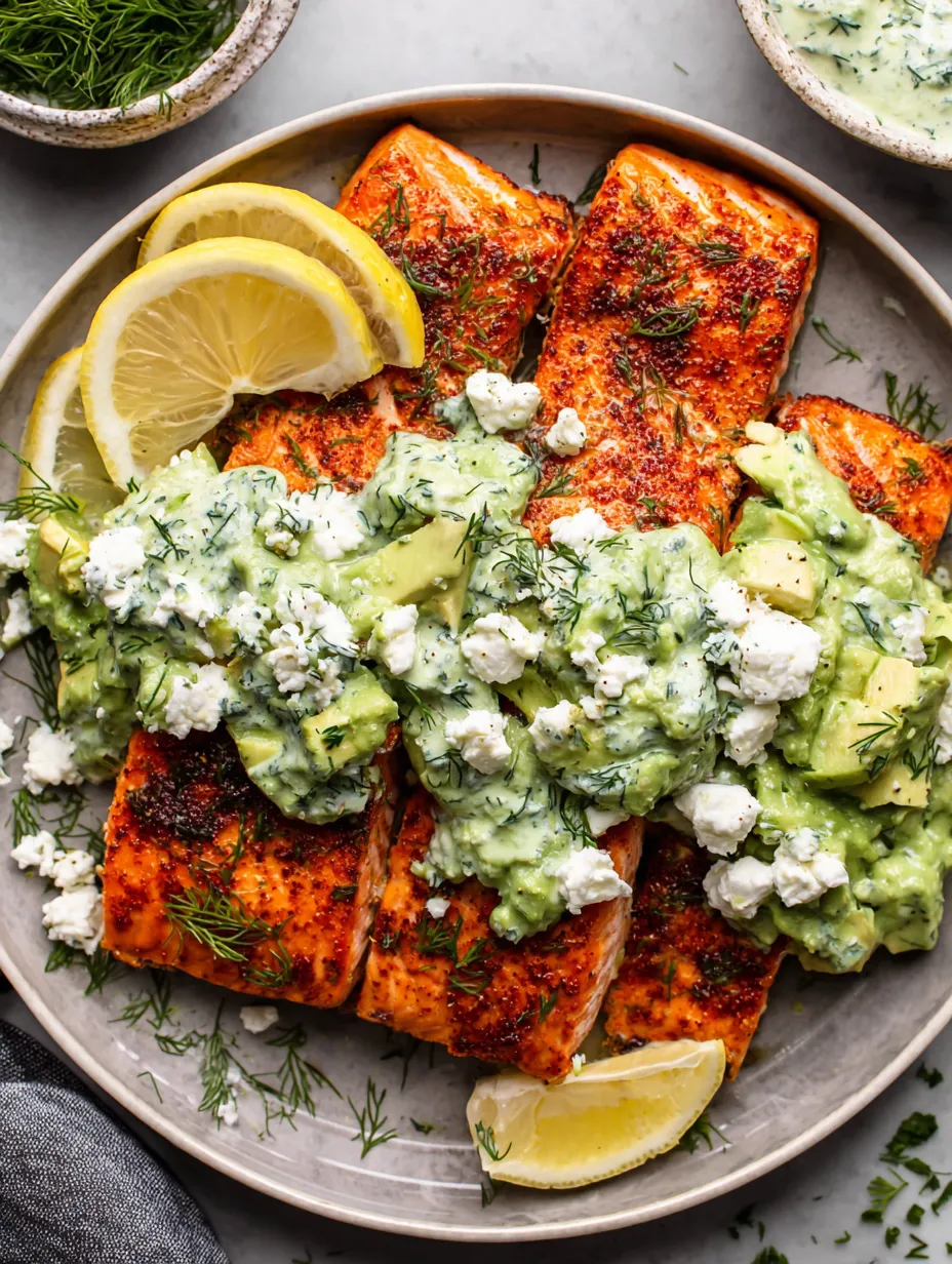A plate of baked salmon with avocado and feta.