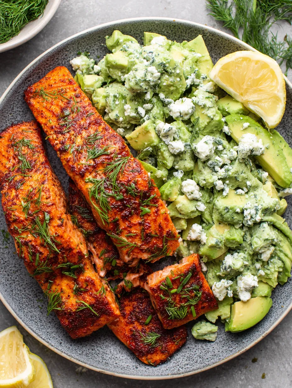 A plate of food with salmon, avocado, and feta.