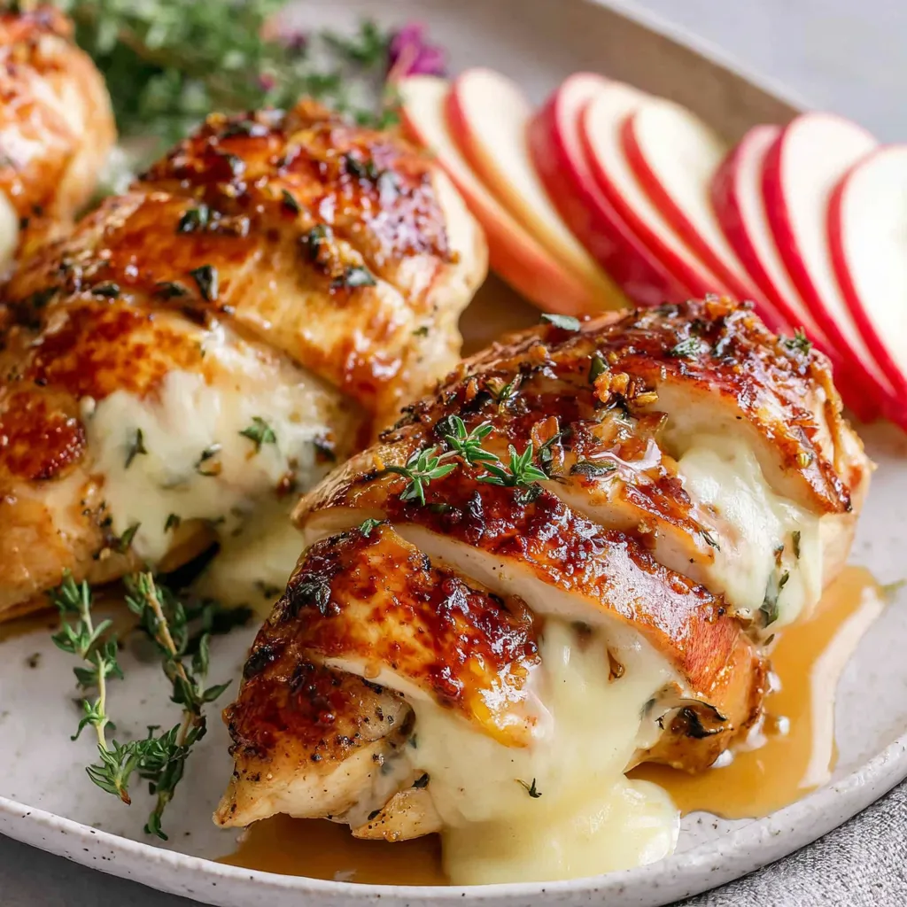 A plate of chicken with apples and cheese.