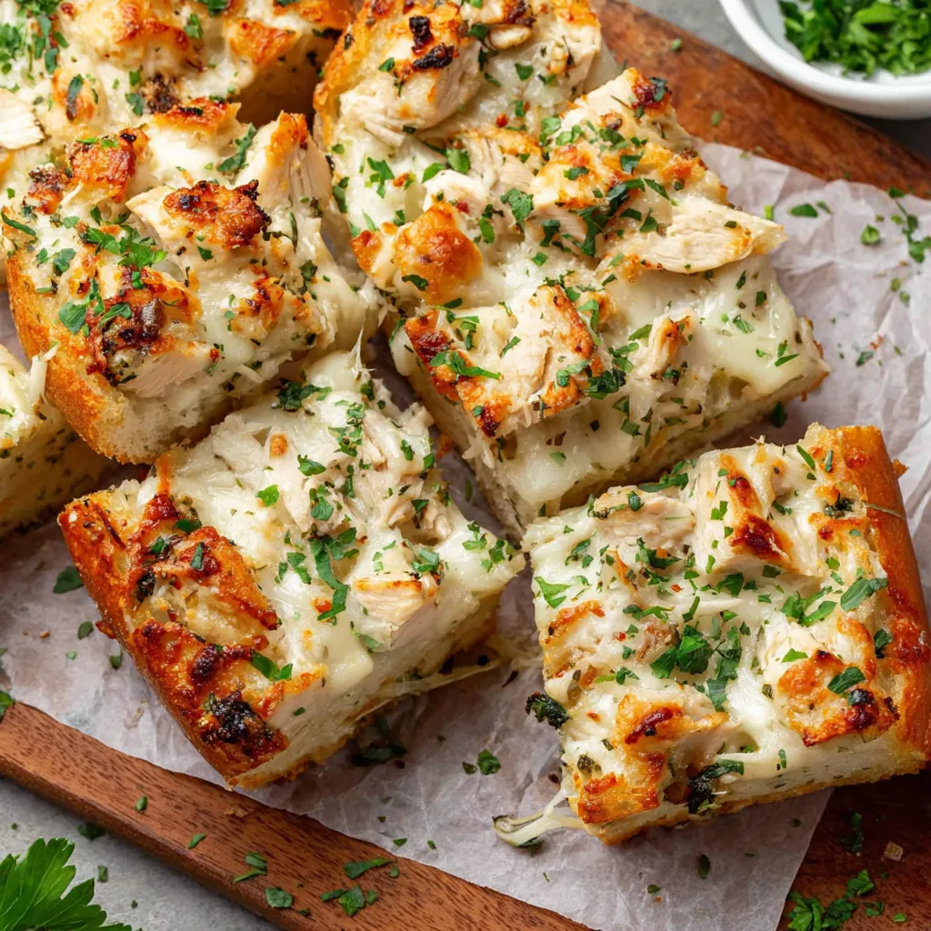 A piece of garlic bread with chicken and cheese.