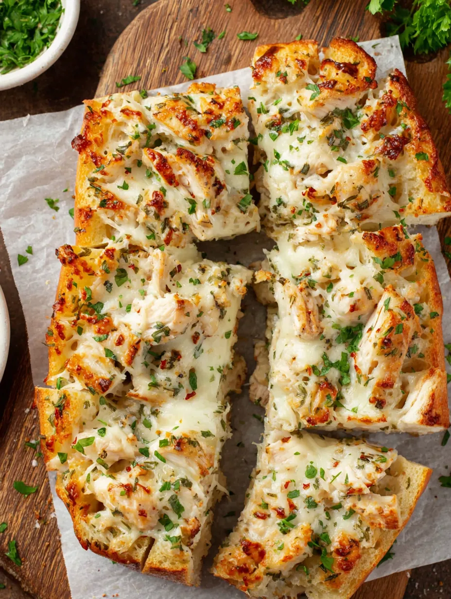 A slice of garlic bread with chicken and cheese.