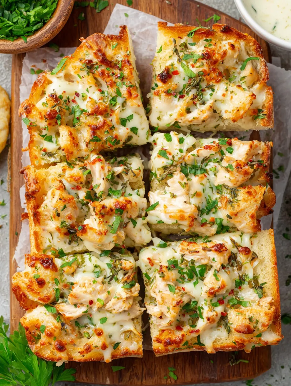 A slice of garlic bread with chicken and cheese.