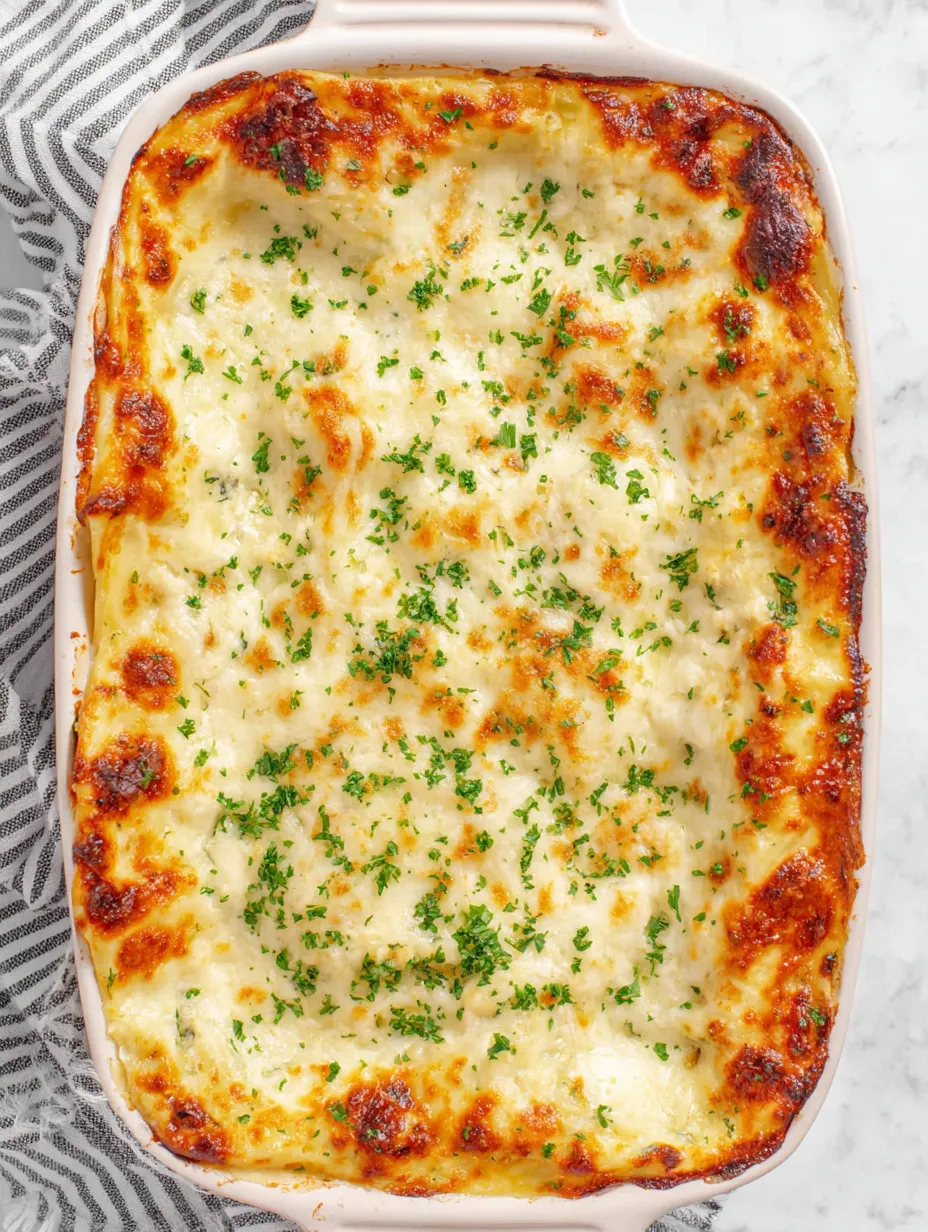 A close up of a chicken lasagna dish.