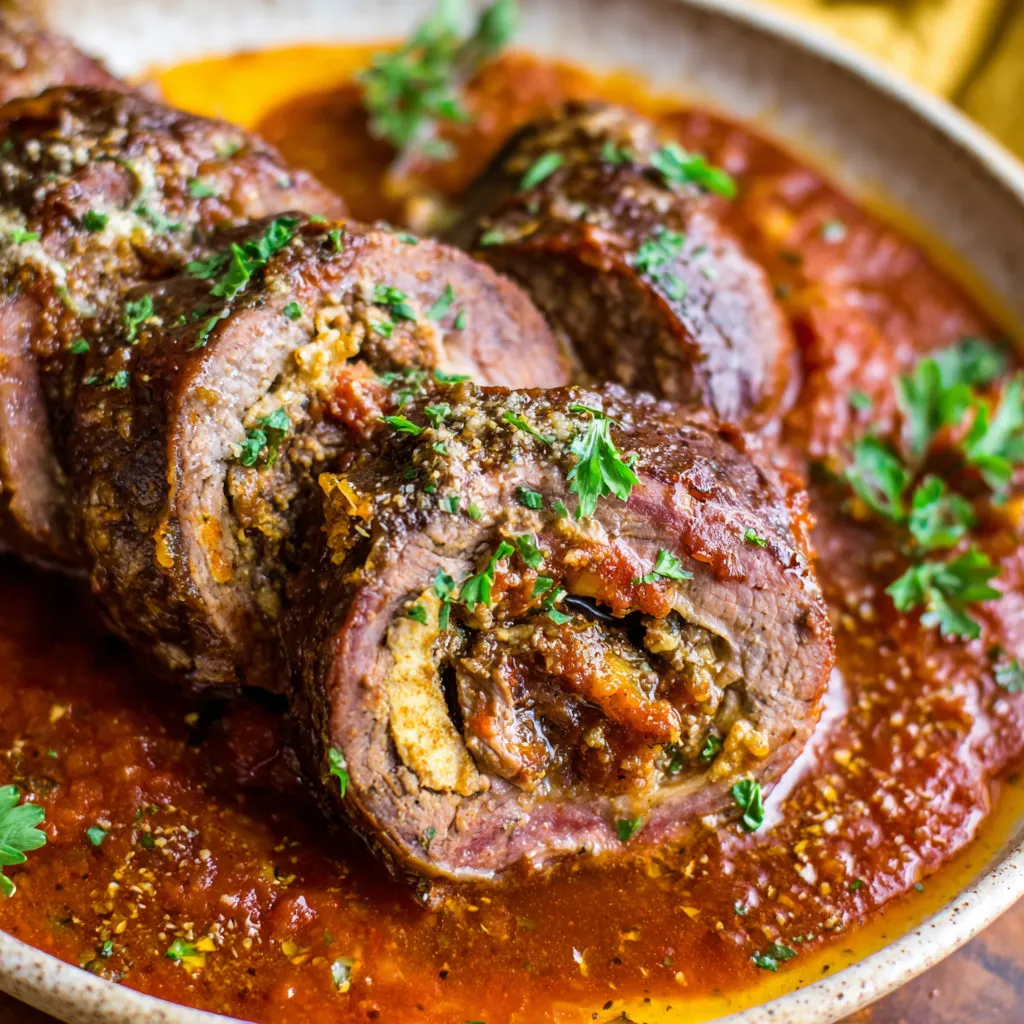 A bowl of beef braciole in a tomato sauce.