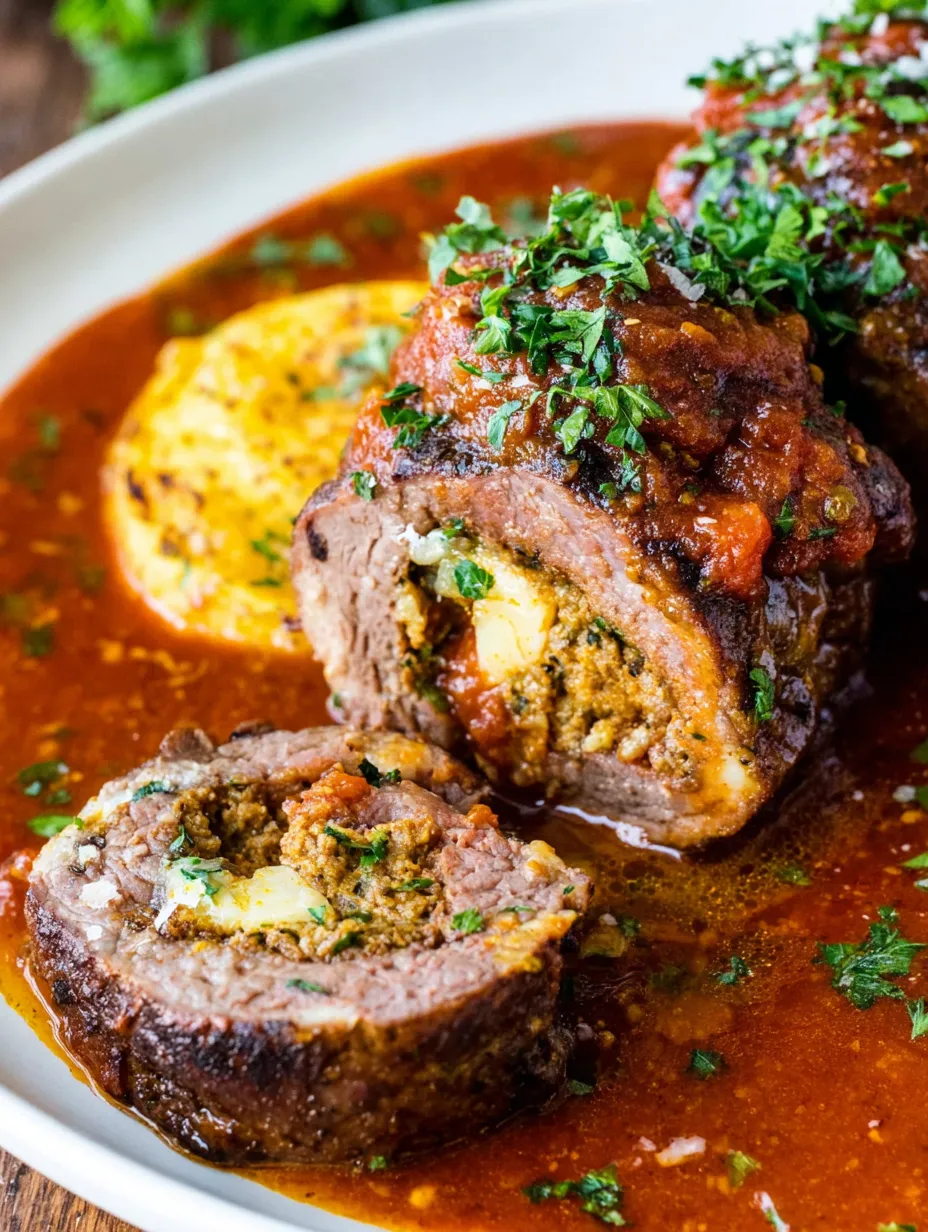 A plate of Italian beef braciole with sauce.