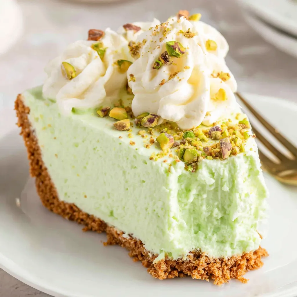 A slice of pistachio cheesecake on a white plate.