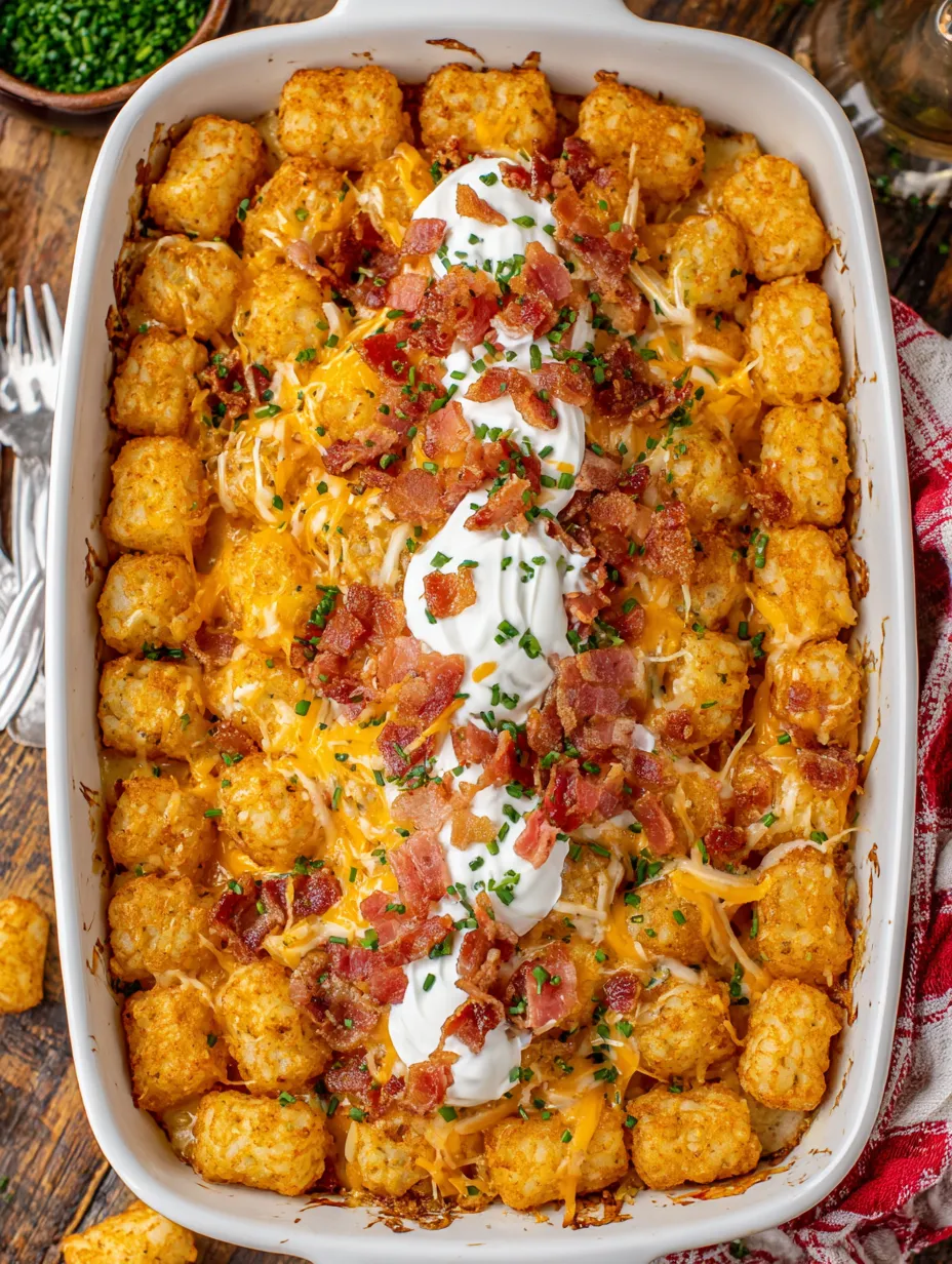 A dish of chicken bacon ranch tater tot casserole.