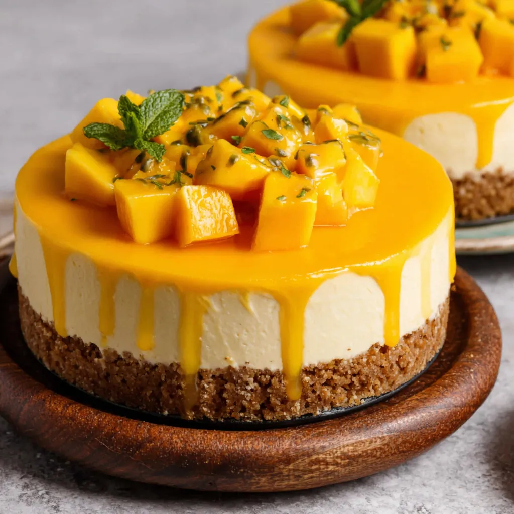 A slice of vegan mango cheesecake.