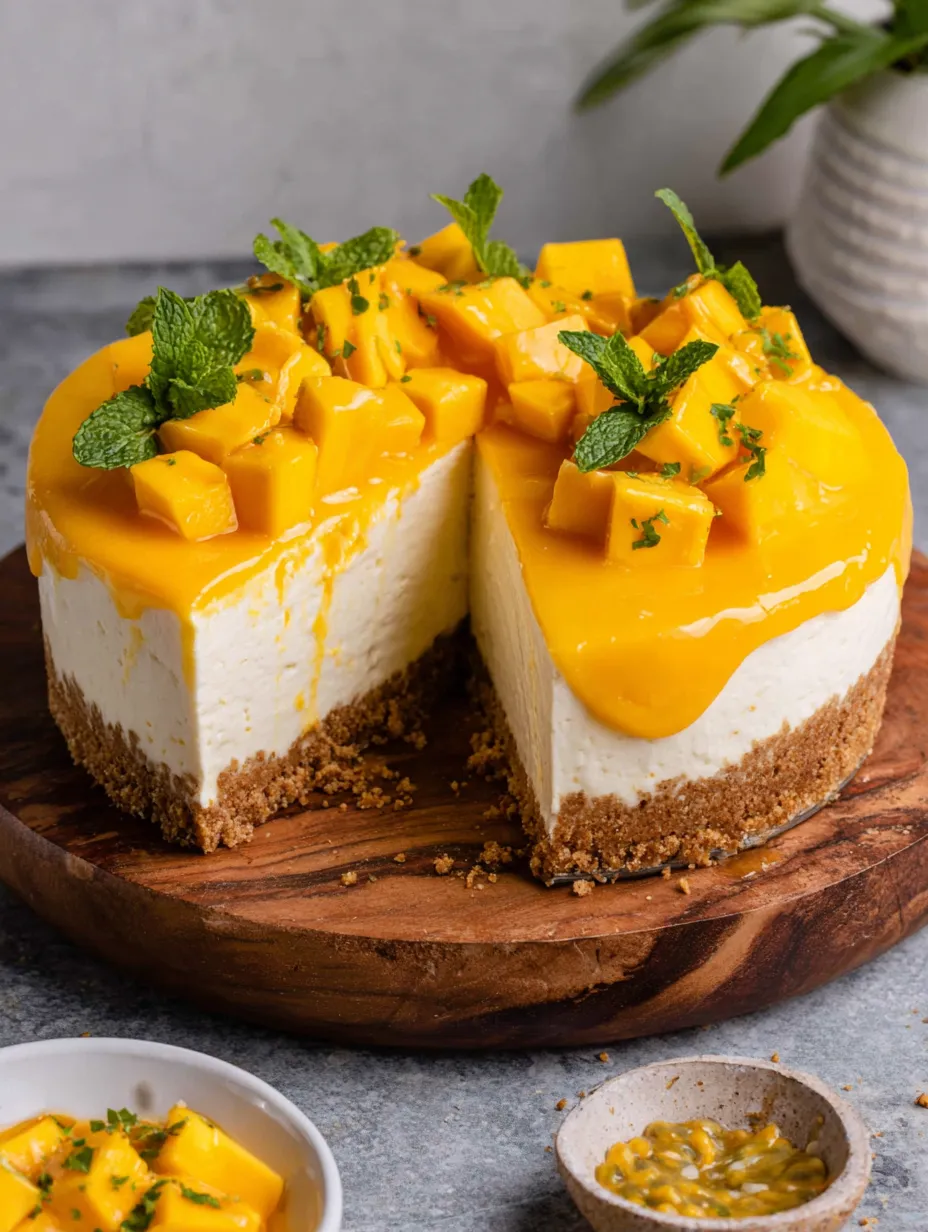 A slice of vegan mango cheesecake.