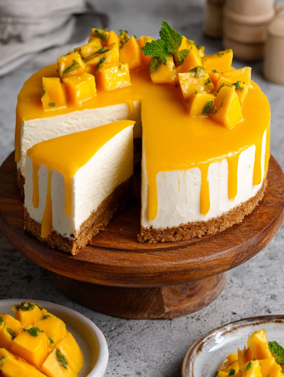 A slice of vegan mango cheesecake on a wooden platter.