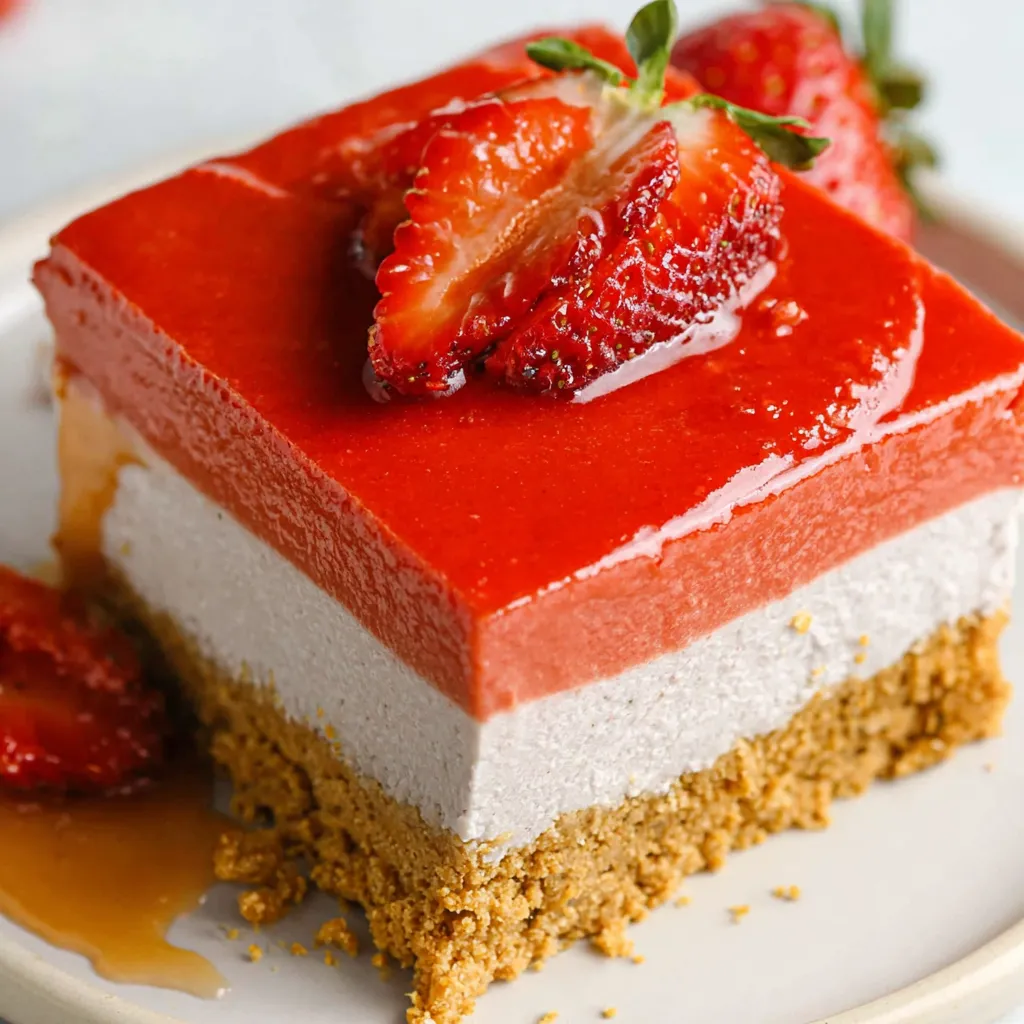 A slice of vegan strawberry cheesecake.