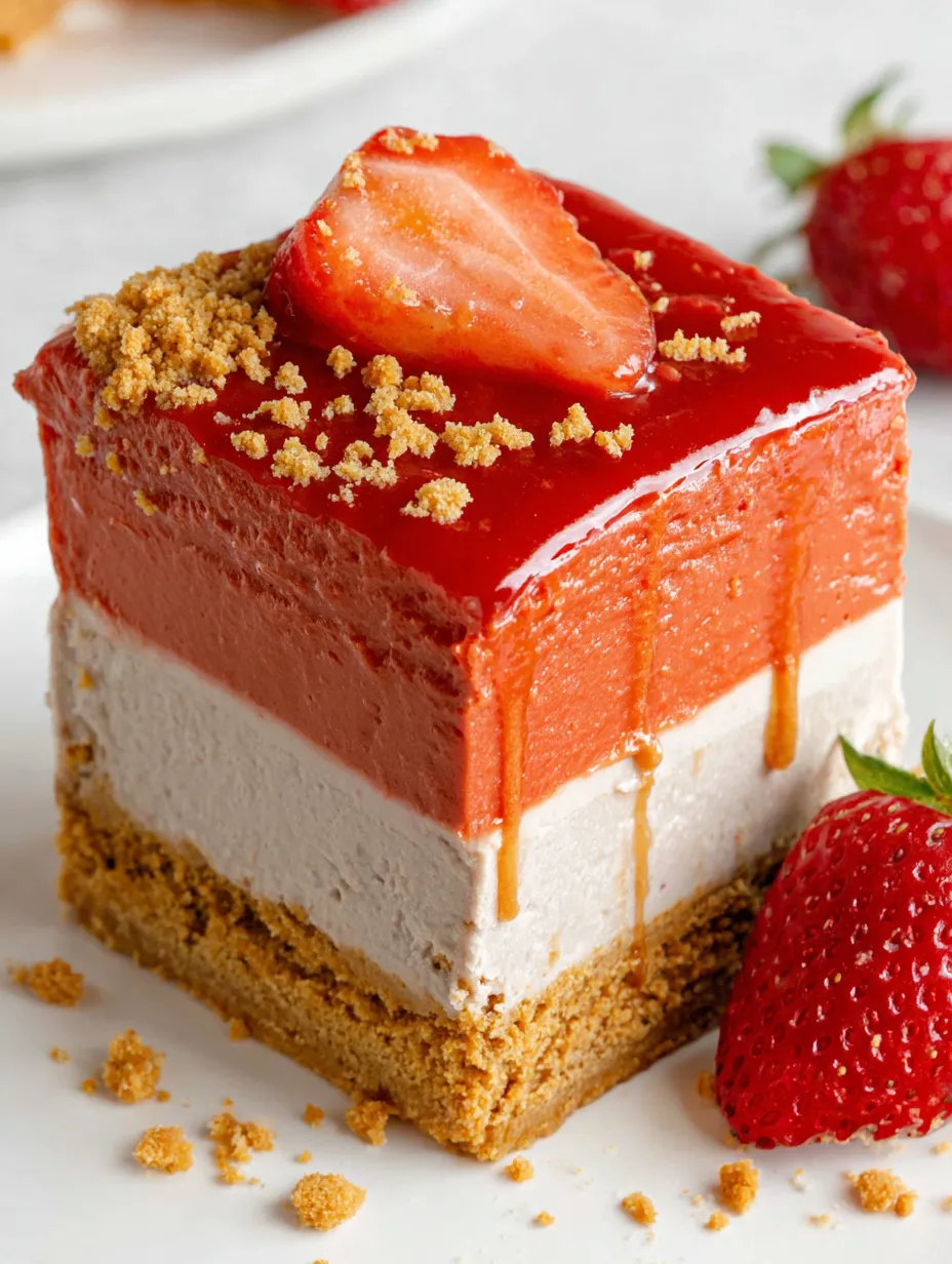 A slice of easy vegan strawberry cheesecake.