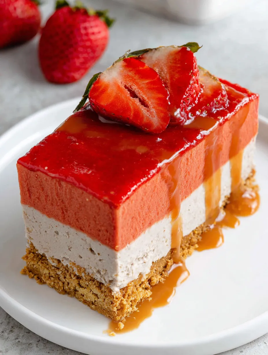 A slice of easy vegan strawberry cheesecake.