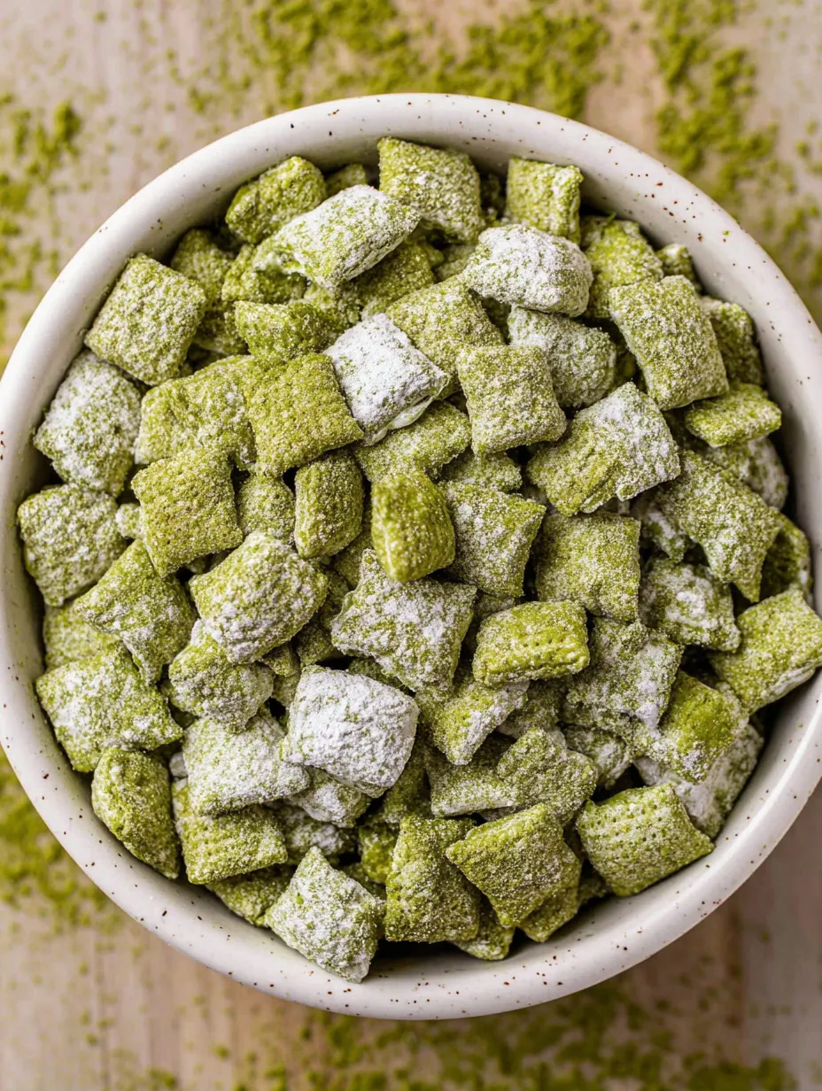 A bowl of green puppy chow.
