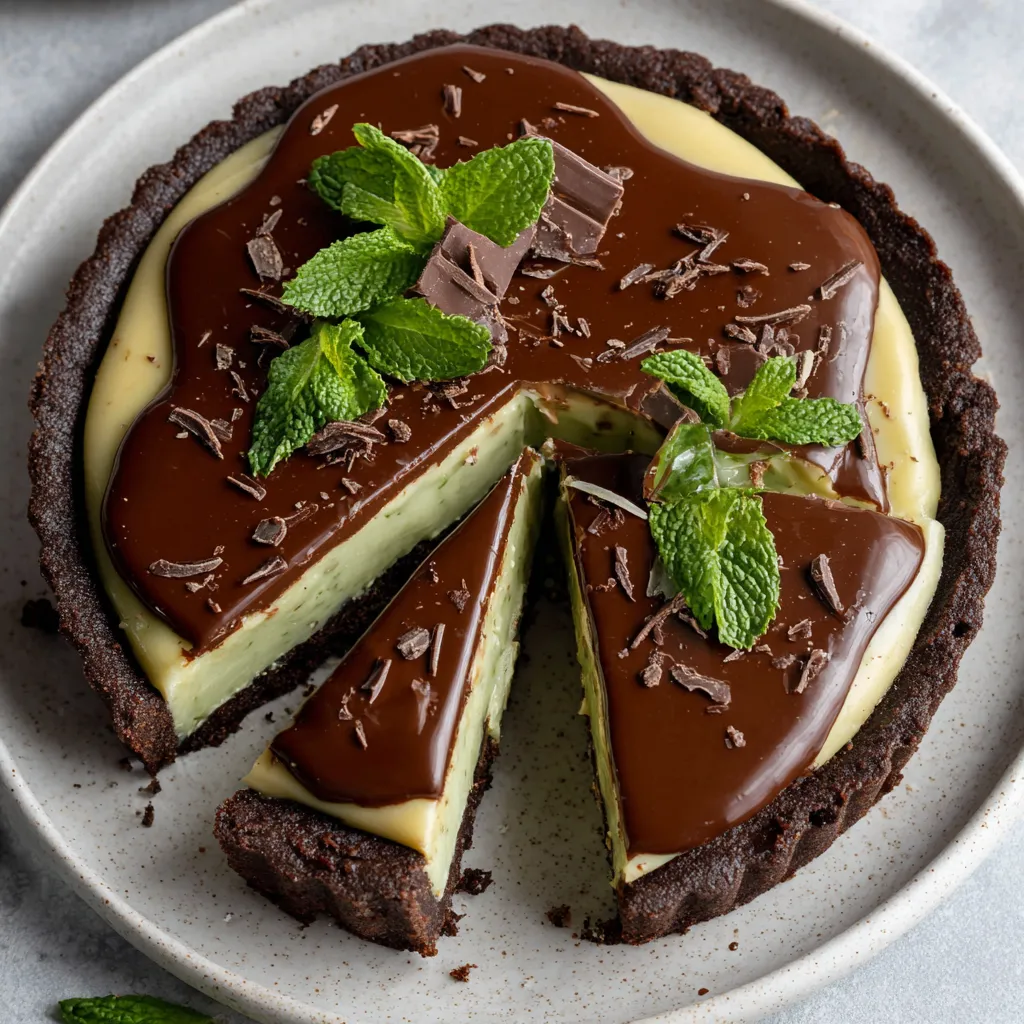 A slice of vegan mint chocolate tart.