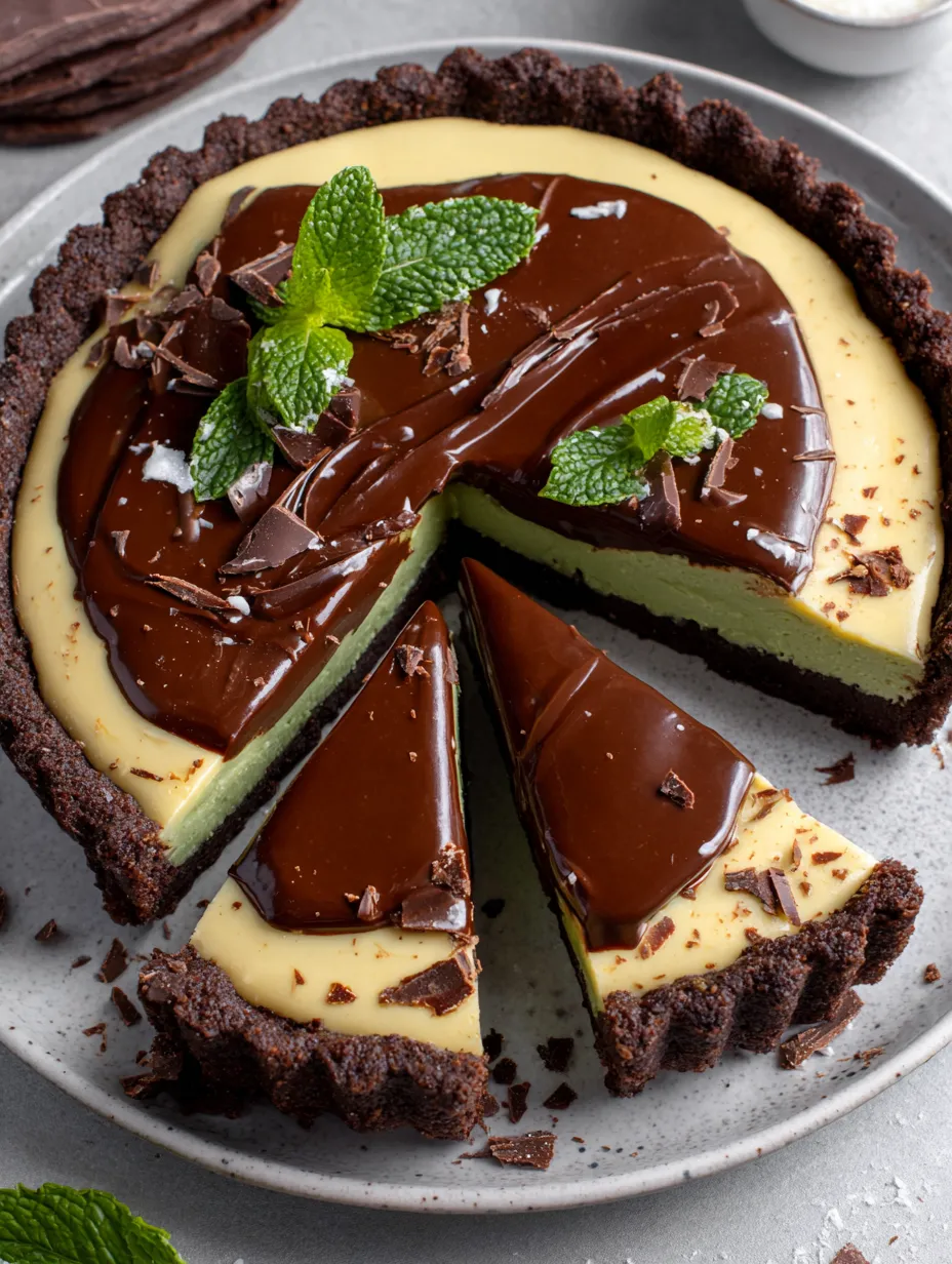 A slice of vegan mint chocolate tart.