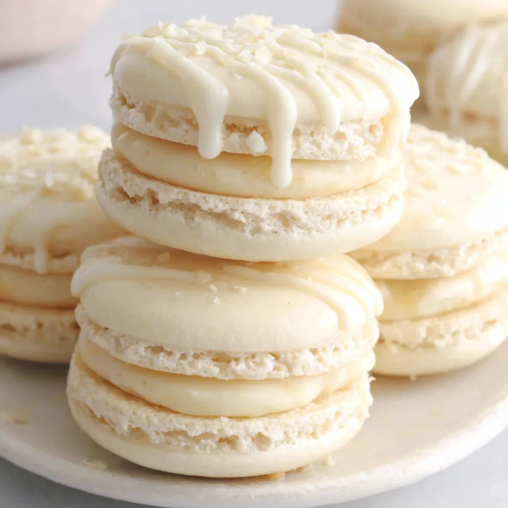 A stack of vegan macarons with white icing.
