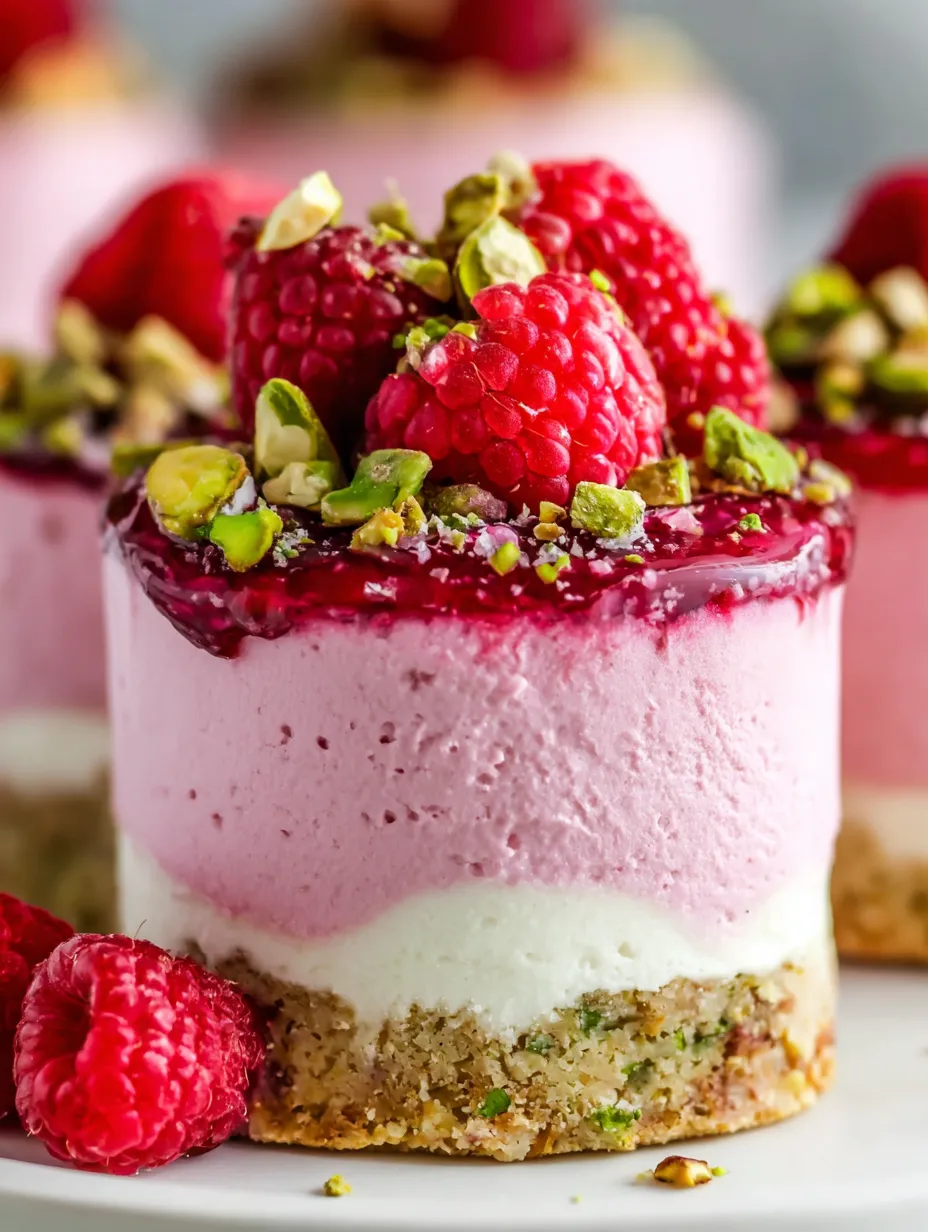 A slice of raspberry pistachio mousse cake.