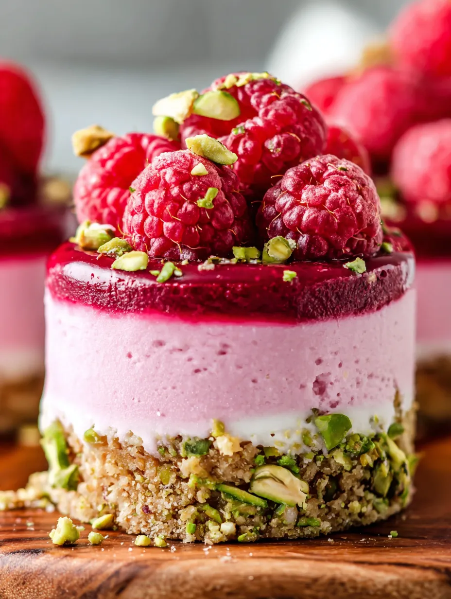 A slice of raspberry pistachio mousse cake.
