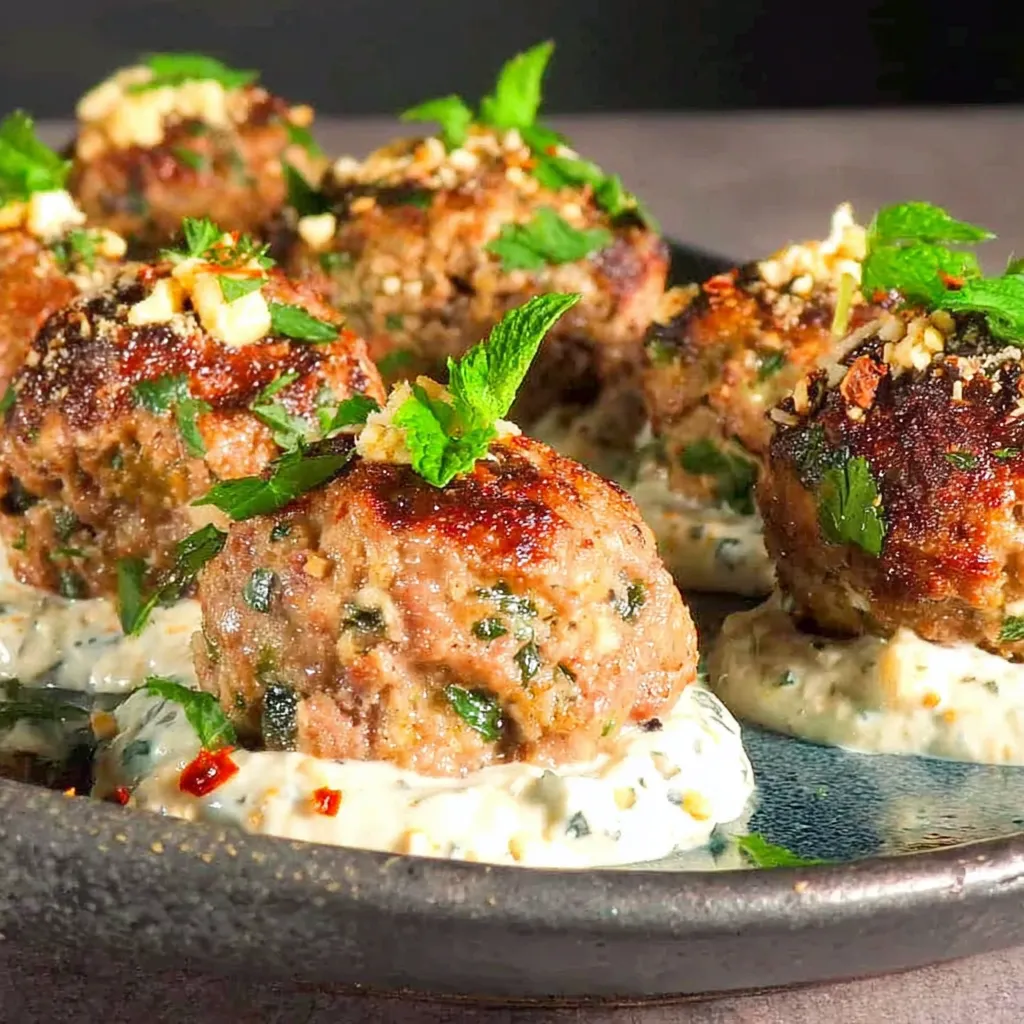 Greek-inspired meatballs with sun-dried tomato tzatziki.