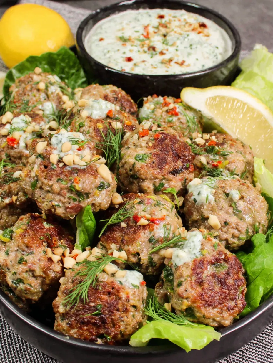 A bowl of meatballs with a side of sun-dried tomato tzatziki.