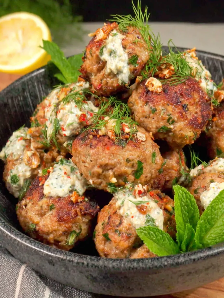 A bowl of meatballs with sun-dried tomato tzatziki.
