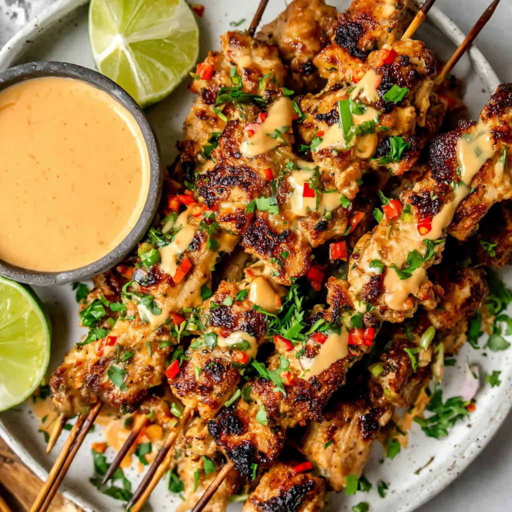 A plate of bang bang chicken skewers with a dipping sauce.