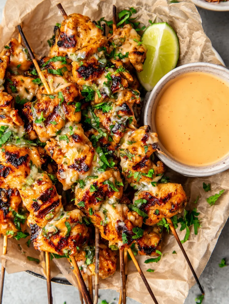 A plate of bang bang chicken skewers with a dipping sauce.