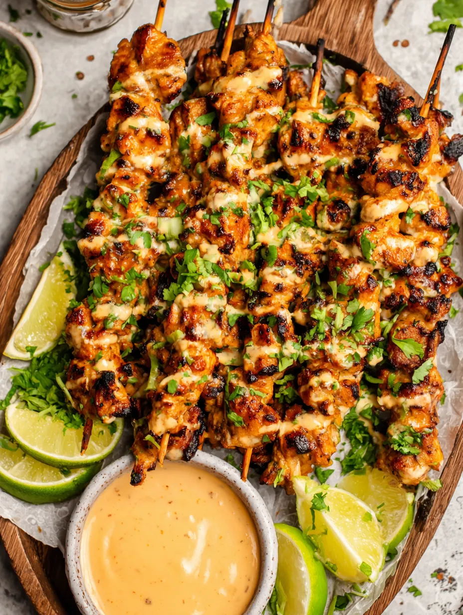 A wooden platter with bang bang chicken skewers.