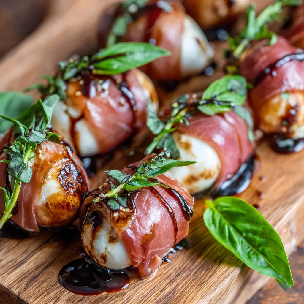 A plate of prosciutto wrapped mozzarella bites.