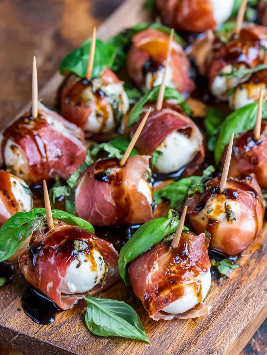 A plate of prosciutto wrapped mozzarella bites.