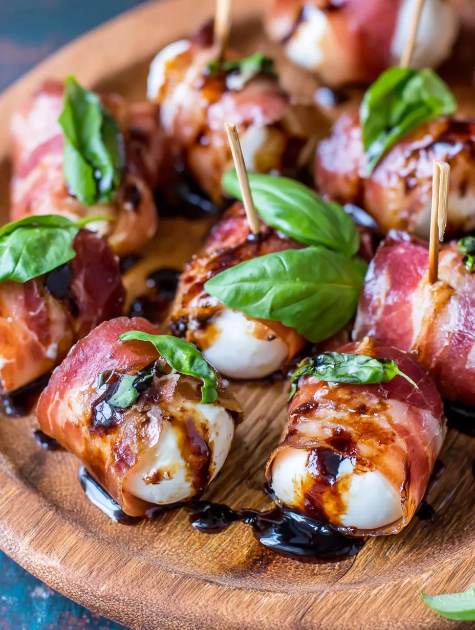 A plate of prosciutto wrapped mozzarella bites.