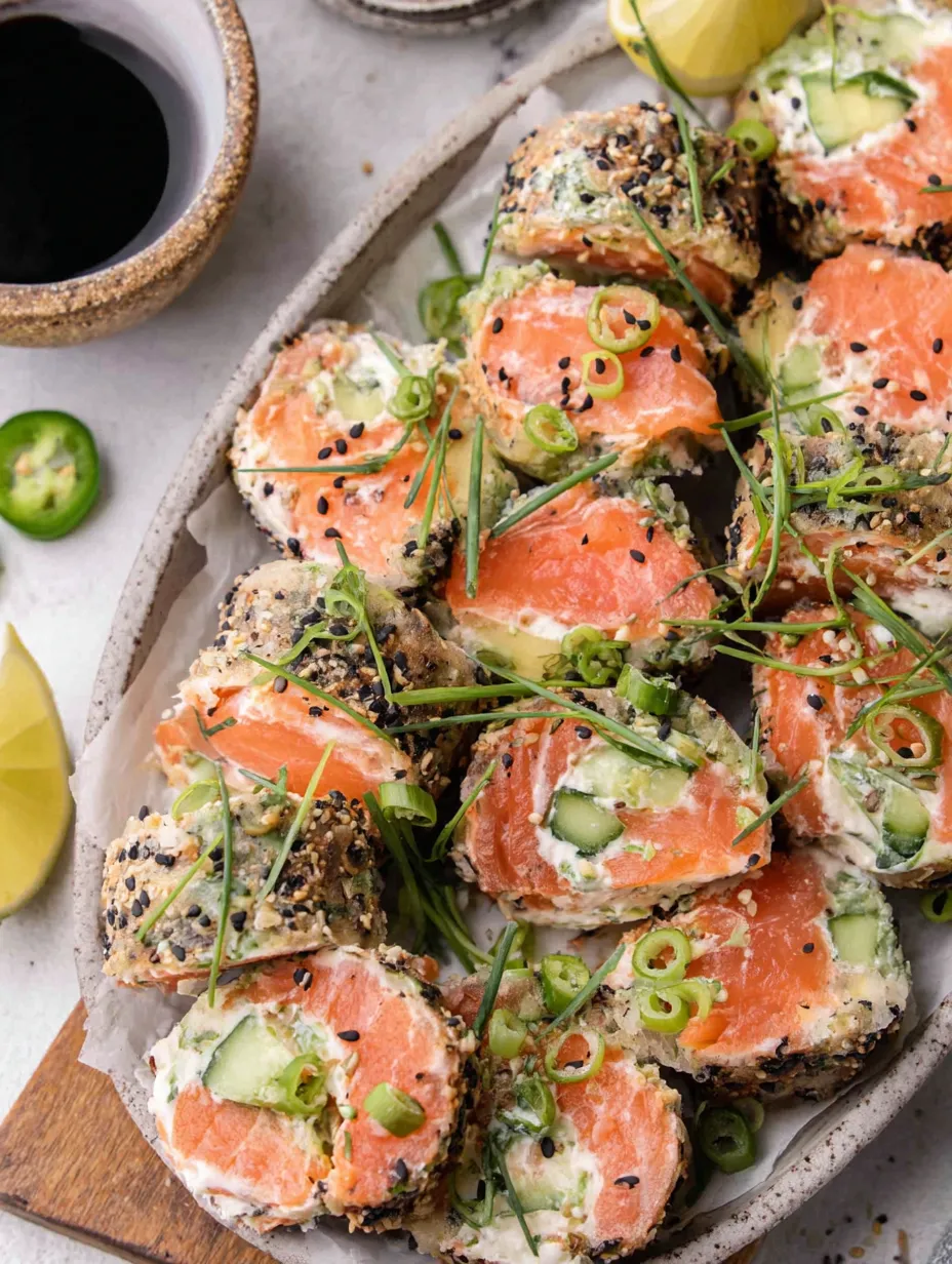 Smoked salmon and cream cheese roll-ups.