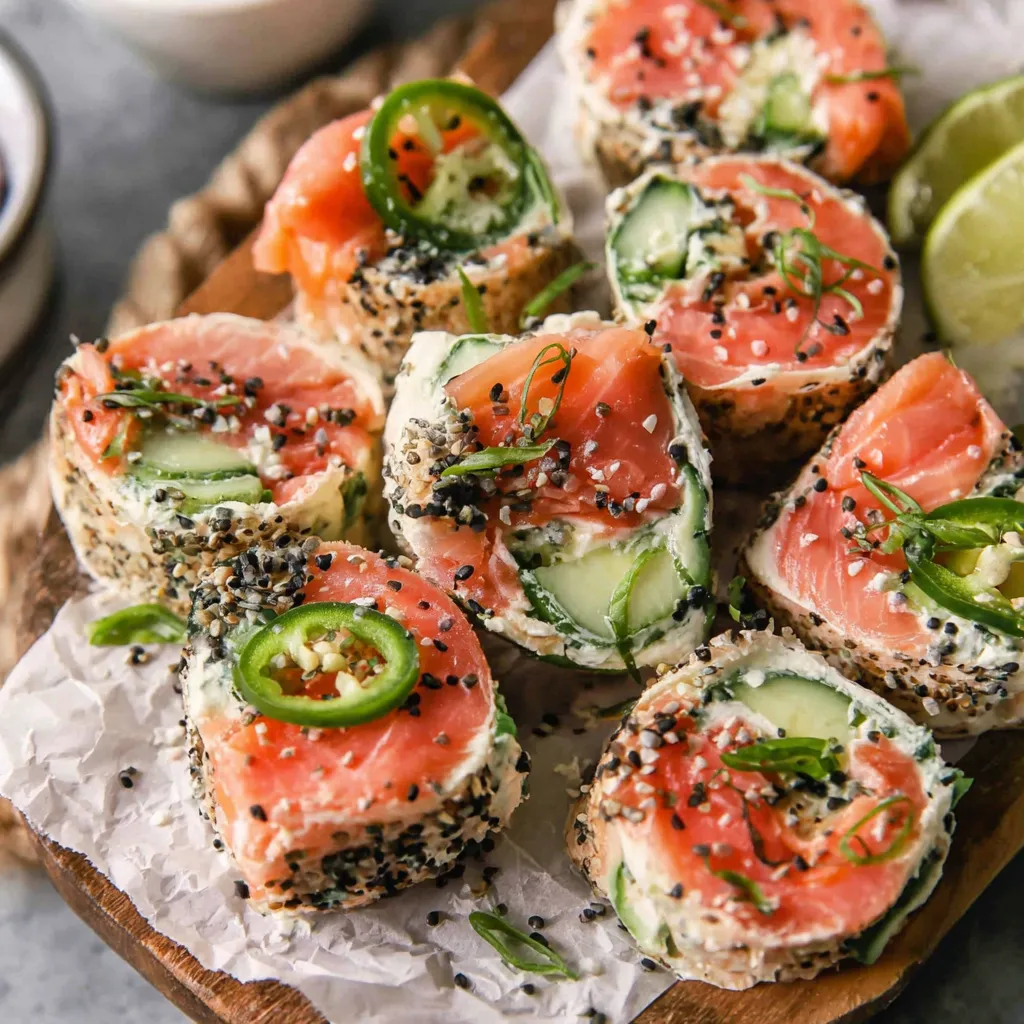 A plate of smoked salmon and cream cheese roll-ups.