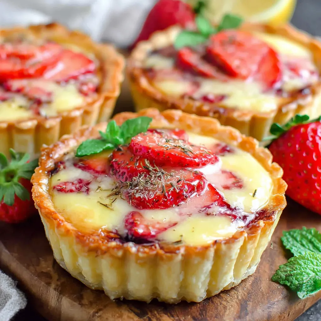 Three tarts with strawberries and lemon curd.