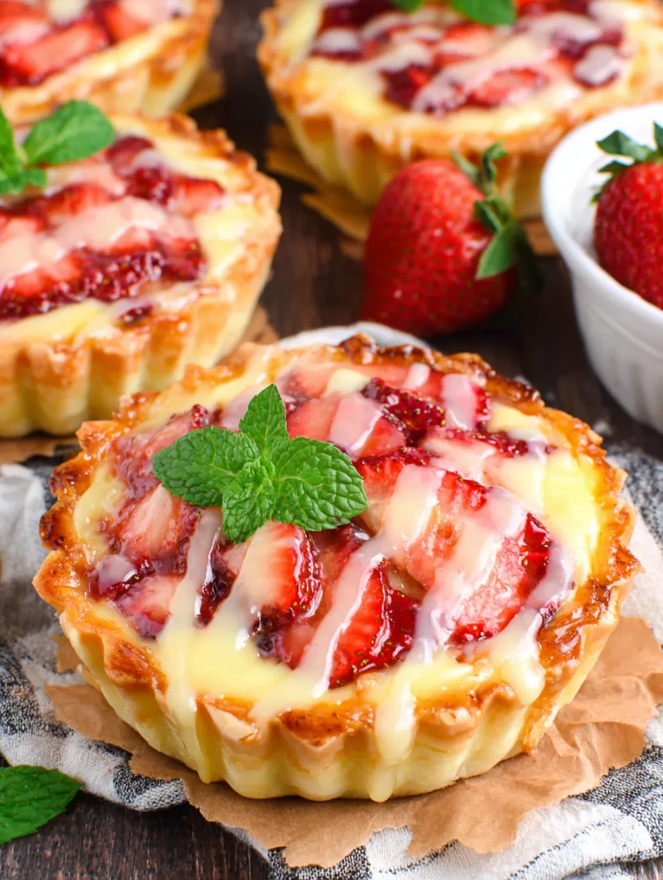 A close up of a strawberry honey custard tart with lemon curd.