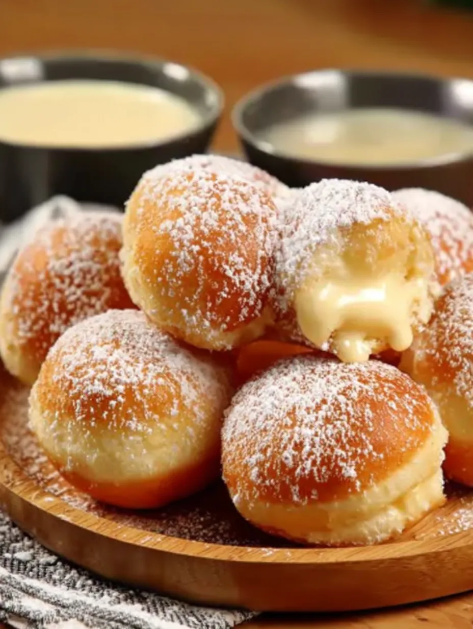 A plate of powdered sugar covered vanilla beignets.