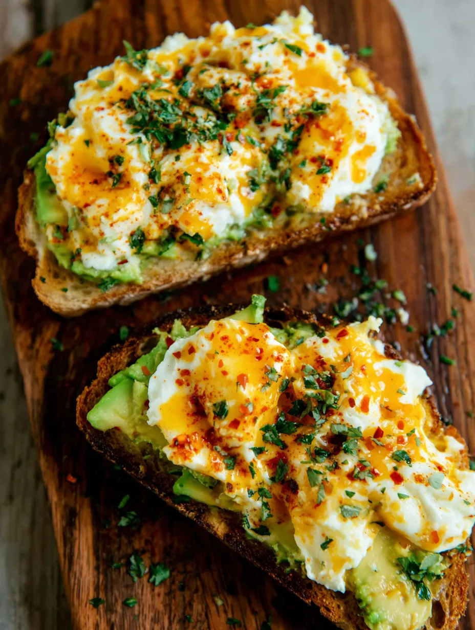 Two pieces of toast with eggs and chili butter.