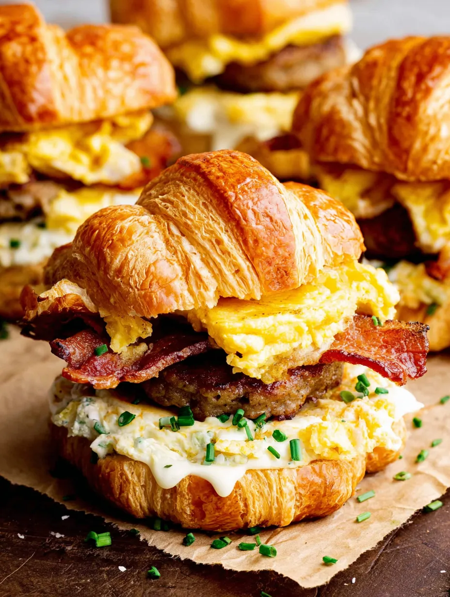 A breakfast croissant sandwich with bacon and egg.